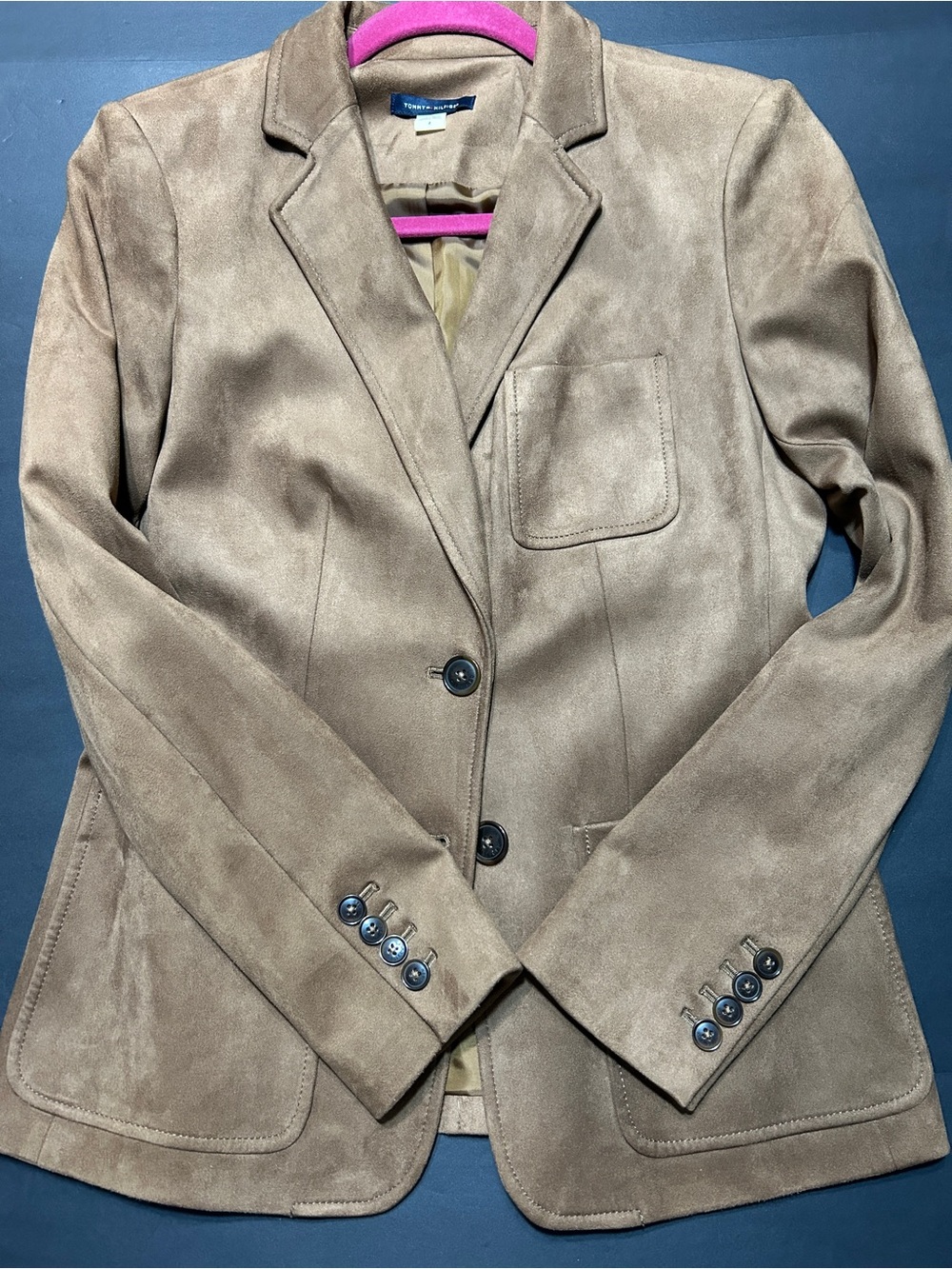 Tan Tommy Hilfiger suede jacket with button-up front and button cuffs size 4